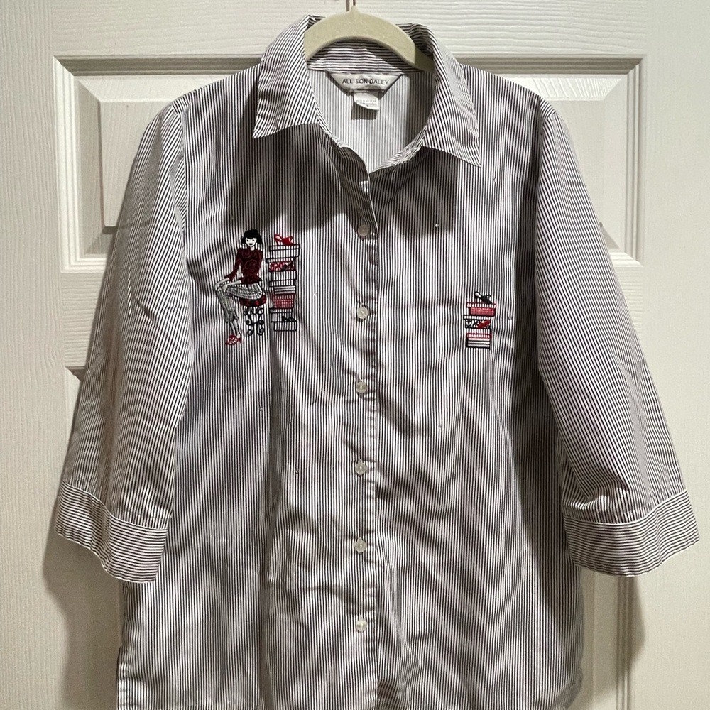Allison Daley Striped Button Down Shirt with Embroidery